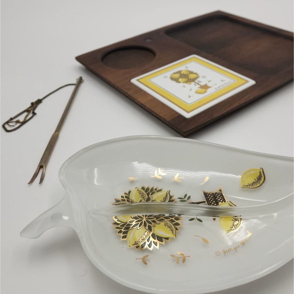 Vtg GEORGES BRIARD MCM Lemon Tree Wood Cheese Charcuterie Board Divided Dish Set